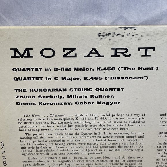 The Hungarian String Quartet Mozart Quartets (Vinyl, 1962) VOX PL 12.130 VG LP - Picture 4 of 9
